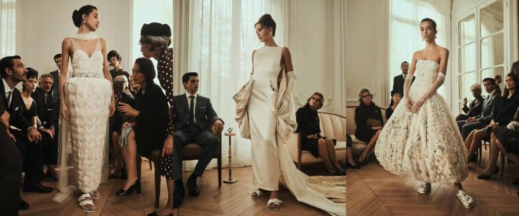 Three elegant white custom wedding dresses displayed on models during a high-fashion bridal presentation with audience