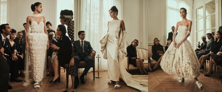 Three elegant white custom wedding dresses displayed on models during a high-fashion bridal presentation with audience