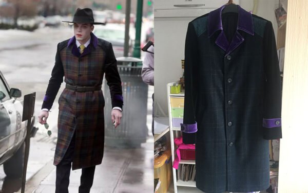 Joker-Inspired Purple Velvet Trim Plaid Overcoat