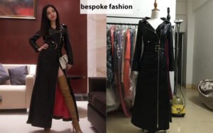 Bespoke Black Leather Long Coat-Dress with Asymmetrical Zipper & High Slit (Custom Biker-Tradition Fusion)