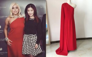 Bespoke Red One-Shoulder Evening Gown with Dramatic Drape & Floor-Length Train (Red Carpet Inspired Custom)