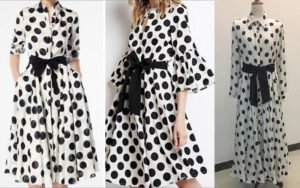 Bespoke Polka Dot Pleated Shirt Dress with Flared Bell Sleeves & Oversized Black Bow Belt (Custom Tailored)
