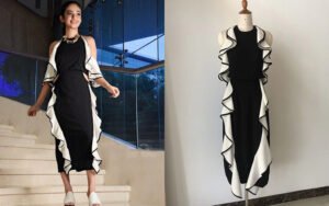 Bespoke Black Midi Dress with Cascading White Ruffle Trim, Side Cut-Out & Halter Neck (Custom Statement Piece)