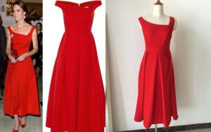 Bespoke Red Off-Shoulder Midi Dress with Structured Cut-Out Neckline & Full Pleated Skirt (Royal-Inspired Custom)