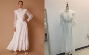 Bespoke White Lace Romantic Maxi Dress with Ruffled High Neckline, Sheer Lace Sleeves & Tiered Ruffle Skirt (Custom Victorian-Inspired)