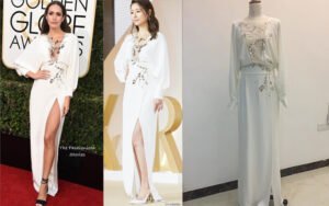 Bespoke White Embellished Long-Sleeve Gown with Deep V-Neck Floral Beading, High Side Slit & Draped Silhouette (Red-Carpet Custom)