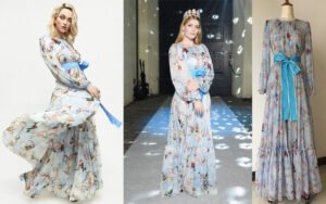 Bespoke Pastel Floral Maxi Dress with Long Puff Sleeves, Blue Satin Bow Belt & Tiered Ruffle Hem (Romantic Runway Custom)