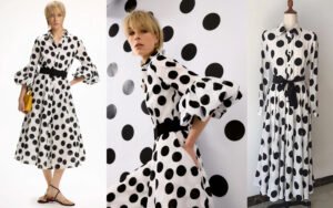 Bespoke Black & White Polka Dot Balloon-Sleeve Shirt Dress with Wide Black Waist Belt (Custom Statement Midi)