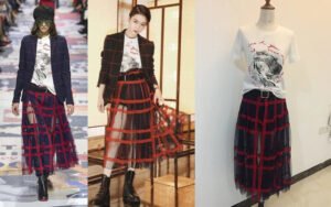 Bespoke White Graphic Tee & Plaid Tulle Midi Skirt Set with Detachable Belt (Runway-Inspired Custom Ensemble)