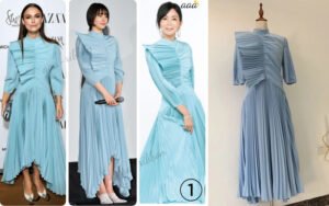 Bespoke Sky Blue Pleated Two-Piece Set with Dramatic Draped Bodice, High Neck & Asymmetric Pleated Skirt (Red-Carpet Custom)