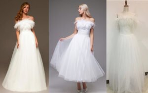 Bespoke White Off-Shoulder Feather Tulle Gown with Marabou Feather Bodice & Full Voluminous Skirt (Romantic Custom Ball Gown)