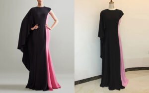 Bespoke Black & Pink Color-Block Floor-Length Gown with Dramatic Asymmetric Cape Sleeve (Modern Evening Custom)
