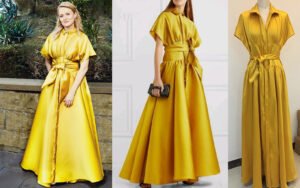 Bespoke Golden Yellow Satin Shirt-Maxidress with Cape Sleeves, Oversized Self-Tie Belt & Full A-Line Skirt (Luxury Statement Custom)