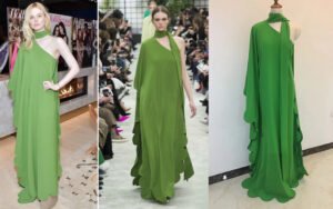 Bespoke Emerald Green One-Shoulder Scalloped Gown with Dramatic Neck Drape & Flowing Cape Detail (Runway-Inspired Custom)