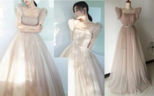 Bespoke Champagne Tulle Ball Gown with Voluminous Puff Ruffle Sleeves, Square Neckline & Full Tiered Skirt (Fairy-Tale Custom)