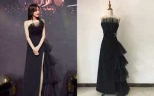 Bespoke Black Strapless Tulle Ruffle Gown with High Side Slit, Tiered Cascade & Statement Waist Buckle (Red-Carpet Custom)