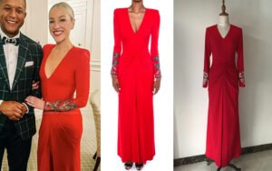 Bespoke red deep V-neck long sleeve gown with embellished cuffs - custom made by our studio