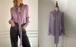 Bespoke lavender silk blouse with lavallière tie neck and puff sleeves - custom made by our studio