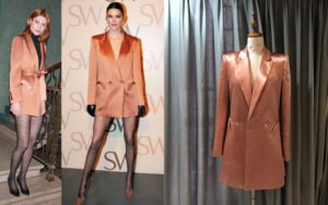 Bespoke peach satin double-breasted blazer with wide lapels and flap pockets - custom made by our studio