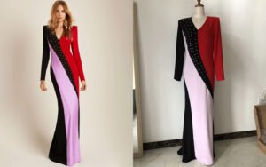 Bespoke color-block long-sleeve gown with studded diagonal panel in black red and lavender - custom made by our studio