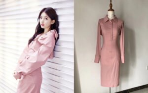 Bespoke pink hooded shirt dress with button detail and belted waist - custom made by our studio