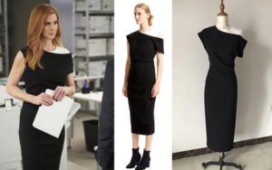 Bespoke black one-shoulder midi dress with white contrast shoulder panel - custom made by our studio