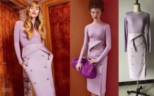 Bespoke lavender long-sleeve top and white asymmetrical wrap skirt set with gold buttons - custom made by our studio