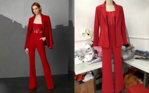 Bespoke red three-piece pantsuit with sheer cut-out top and wide-leg trousers - custom made by our studio