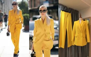 Bespoke bright yellow double-breasted pantsuit with wide-leg trousers - custom made by our studio