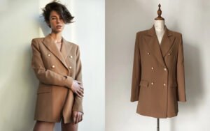 Bespoke camel double-breasted blazer with gold buttons and wide lapels - custom made by our studio
