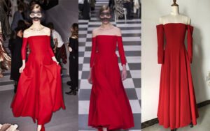 Bespoke red off-shoulder long-sleeve ball gown with dramatic full skirt - custom made by our studio