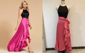 Bespoke black halter top and fuchsia ruffled high-low wrap skirt set with oversized bow - custom made by our studio