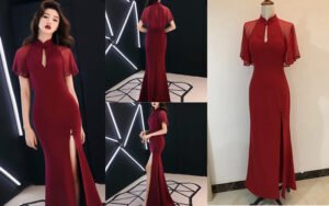 Bespoke red high-collar mermaid gown with sheer lace sleeves and keyhole neckline - custom made by our studio