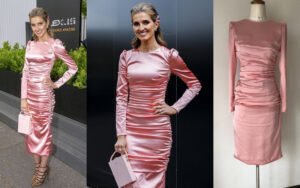 Bespoke blush pink ruched satin long sleeve midi dress - custom made by our studio