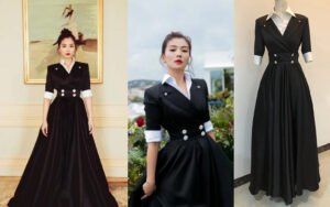 Bespoke black gown with white contrast collar and cuffs - custom made by our studio