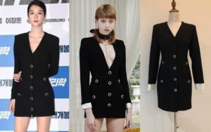 Custom bespoke black and white V-neck dress comparison from studio