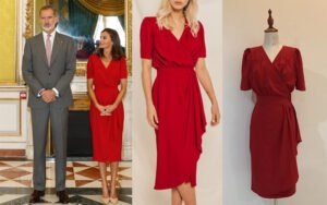 Custom tailored red wrap midi dress with pleated shoulders - Bold Motto Bespoke Case Study