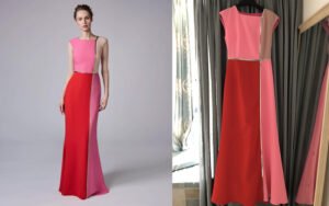 Bespoke color-block evening gown in pink, red, and nude panels with metallic trim - Bold Motto Case Study
