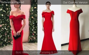 Bespoke red off-shoulder mermaid gown with structured bodice and dramatic train - custom made by our studio