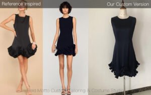 Bespoke black sleeveless mini dress with multi-tiered ruffled hem - custom made by our studio