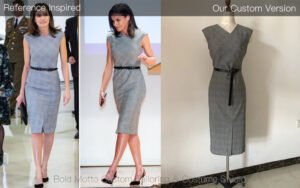 Custom grey sheath dress tailored based on reference design with cap sleeves and fitted silhouette