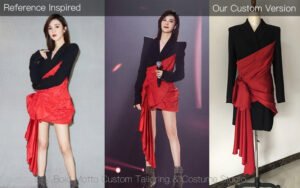 Custom black blazer with red draped asymmetric stage outfit recreated from reference design