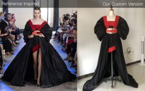 Custom black red runway gown with dramatic draping and oversized sleeves based on reference design