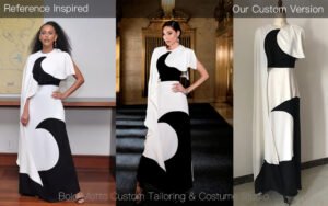 Black and white asymmetric cape gown custom replica - client reference vs final piece by Bold Motto
