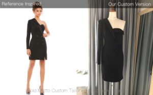 Black asymmetric one-shoulder double-breasted mini dress custom replica - client reference vs final custom version by Bold Motto