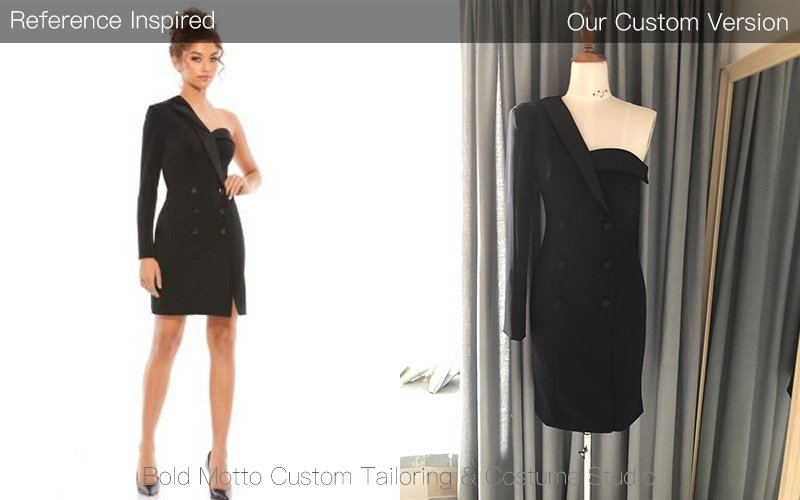 Black asymmetric one-shoulder double-breasted mini dress custom replica - client reference vs final custom version by Bold Motto