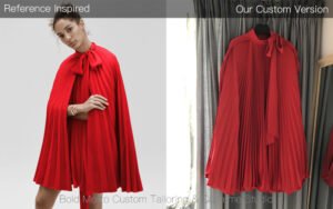 Custom red pleated cape dress with tie-neck design made based on reference image