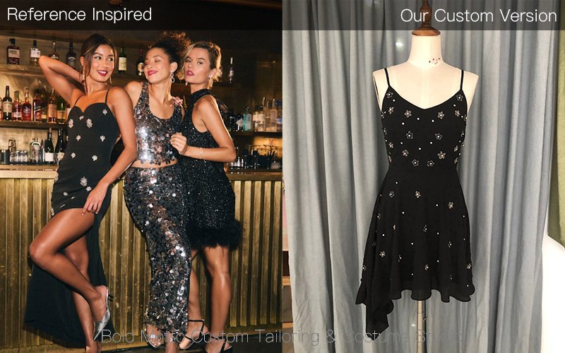 Custom black sequin mini dress with spaghetti straps and asymmetric hem made from reference design