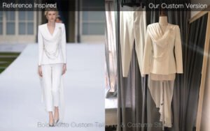 Custom white draped suit set with chain detail tailored based on reference design