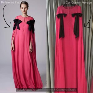 Custom pink cape gown with bow detail and flowing fabric made based on reference design